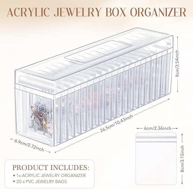 Kenning 21 Pcs Acrylic Jewelry Case Organizer, Clear Jewelry Organizers Holder with Portable Anti Tarnish Storage Bags for Rings, Earrings, Necklaces, Ideal Gifts for Women (Clear) - Image 2