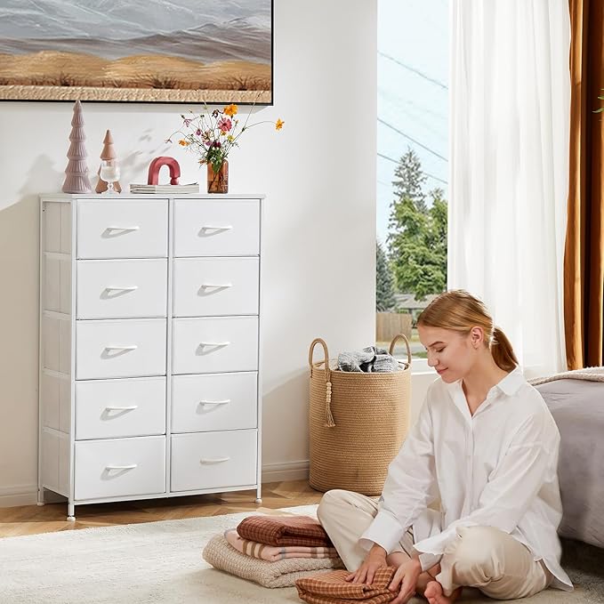 Sweetcrispy 10 Drawer Fabric Dresser Tall Chest Storage Organizer Tower with Cabinet Metal Frame and Wood Top Lightweight Closet Furniture for Bedroom,Cream White