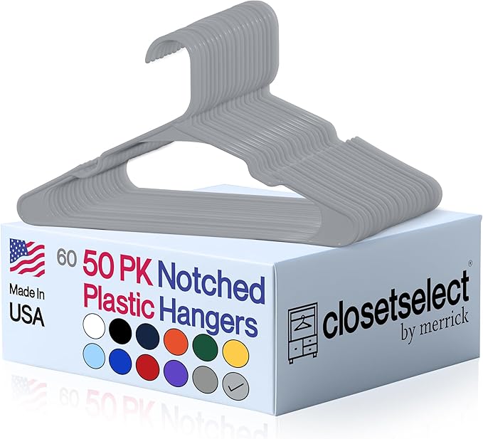 Closetselect Plastic Hangers 50 Pack - Space Saving Clothes Hangers, Made in USA, Durable & Strong Plastic Shirt & Coat Hanger with Notches & Shoulder Grooves, Non-Slip Clothing Hangers | Grey by closetselect