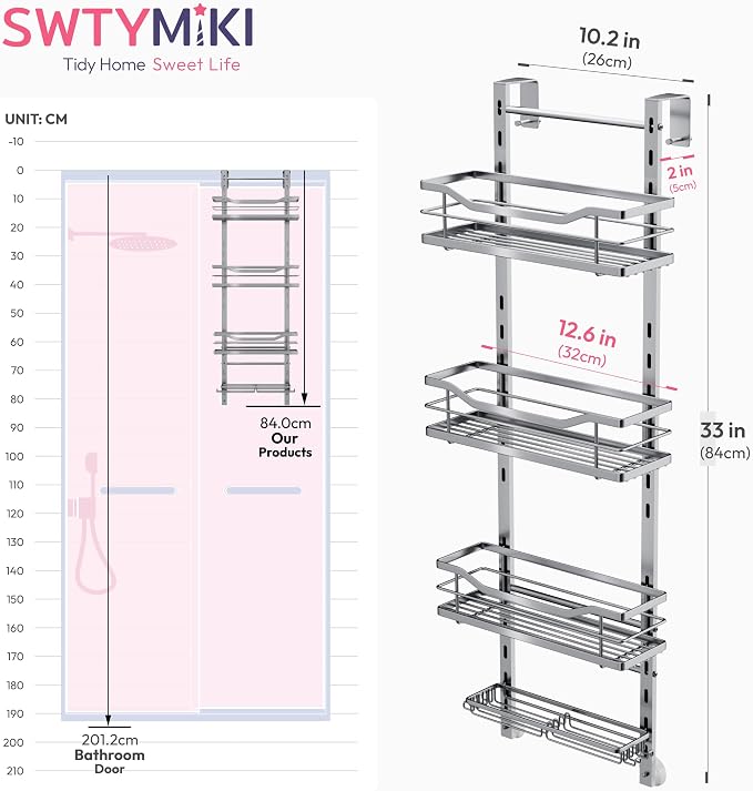 SWTYMIKI Over the Door Shower Caddy - 4 Tier Adjustable Shower Organizer Hanging with Soap Holder, No Drilling Stainless Steel Bathroom Rack Hanging for Body Wash, Shampoo, Soap, Razor, Silver - Image 7
