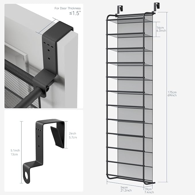 Whitmor 36 Pair Over The Door Shoe Organizer, 12 Tier Hanging Shoe Organizer, Heavy Duty Metal & Mesh Shoe Holder, Hanging Shoe Rack for Closet Organizer, 69"L x 21.7"W x 7.5"H, Matt Gunmetal - Image 2