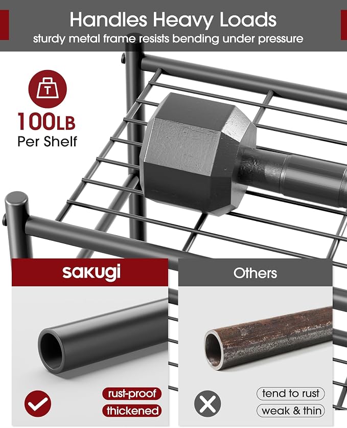Sakugi Storage Shelves - 5-Tier Large Capacity Shelf Organizer with Hooks, Heavy-Duty Garage Shelving with Leveling Feet, Wobble-Free Rack for Bedroom, Balcony, Garage, 18.1"×12.4"×56.8", Black - Image 6