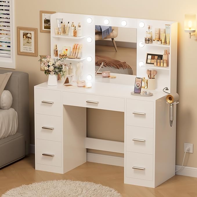 Makeup Vanity Desk with Mirror and 10 Lights, Table with 7 Drawers and 4 Open Shelves, 3 Color Modes and Adjustable Brightness, Charging Station for Bedroom, Bright White