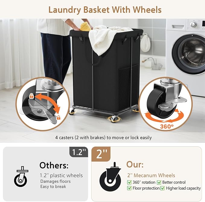 150L Large Laundry Basket with Wheels, Rolling Laundry Hamper with Removable Laundry Bag & Metal Frame, Oxford Fabric Dirty Clothes Hampers for Bedroom, Laundry Room, Bathroom, Dorm(Black) - Image 3
