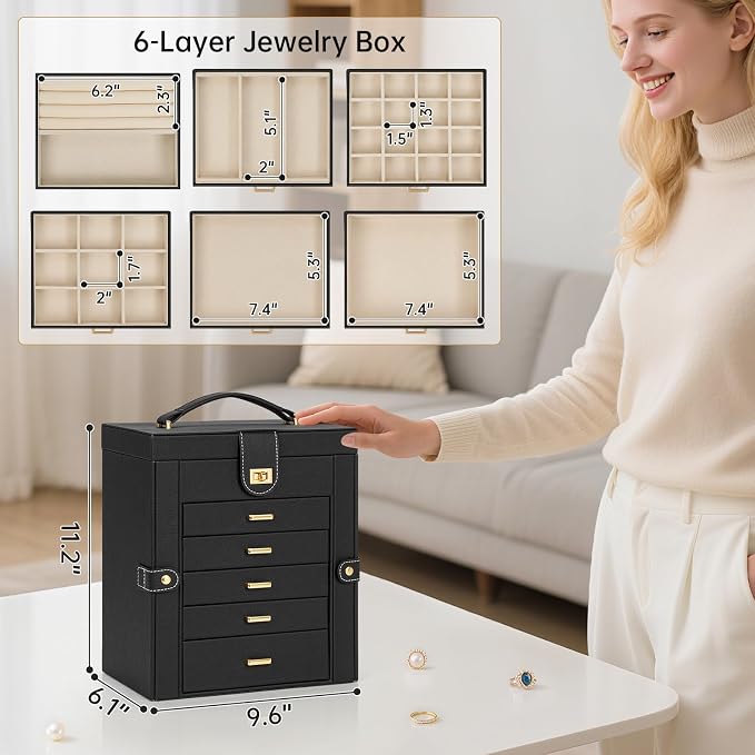 AKOZLIN 6-Tier Jewelry Box Organizer Functional 5 Drawers Leather Jewelry Storage Case for Women Girls Ring Necklace Earring Bracelet Holder Organizer with Mirror Black - Image 4