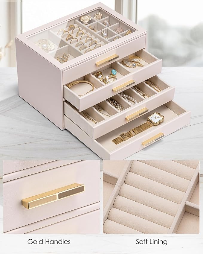 VLANDO 4 Layer Jewelry Box for Women, Glass Lid Jewelry Organizer with 4 Drawers for Necklaces Rings Earrings Bracelets - Light Pink - Image 5