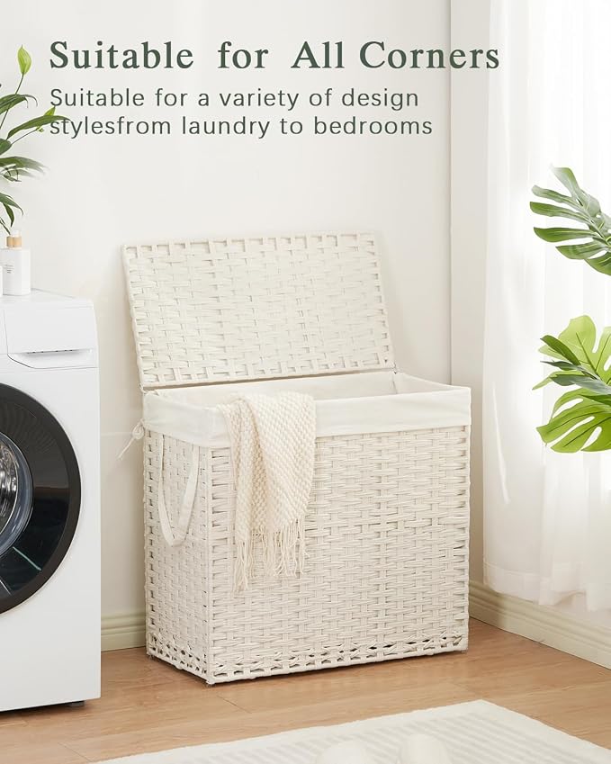 SETVSON Laundry Hamper with Lid Laundry Basket 132 L (35 Gal) Wicker Clothes Hamper, Handwoven Rattan Hamper with Handles and 4 Removable Liner Bags, 6 Mesh Bags for Laundry Bedroom White - Image 8