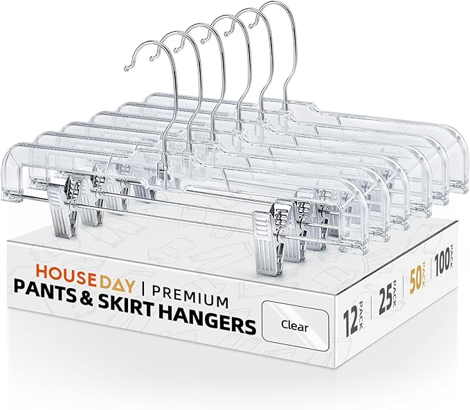 HOUSE DAY 50 Pack Skirt Hangers Pant Hangers with Clips, Clear Plastic Hangers for Pants, Skirts, Shorts, Versatile Use Clip Hanger, Retail Hanger by HOUSEDAY