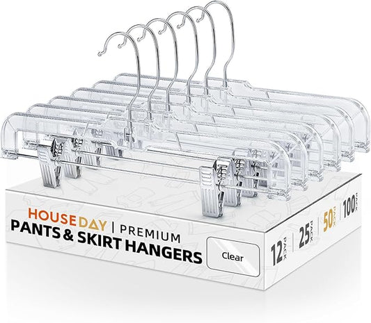 HOUSE DAY 50 Pack Skirt Hangers Pant Hangers with Clips, Clear Plastic Hangers for Pants, Skirts, Shorts, Versatile Use Clip Hanger, Retail Hanger by HOUSEDAY