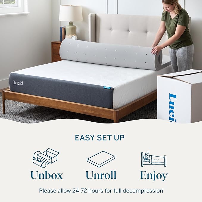 Lucid 2 Inch Bamboo Charcoal Infused Memory Foam Mattress Topper - Full Size – Moisture and Odor Control - Ventilated - Plush Feel, Pressure-Relieving Bed Topper – CertiPur Certified