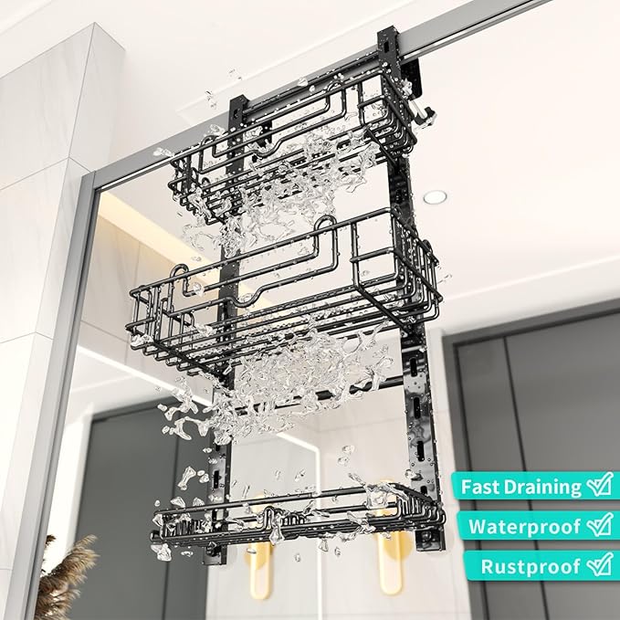 HapiRm 3 Tier Over the Door Shower Caddy, Hanging Shower Caddy with 16 Hooks and 2 Soap Holders, No Drilling Adjustable Hanging Bathroom Organizer - Black - Image 4