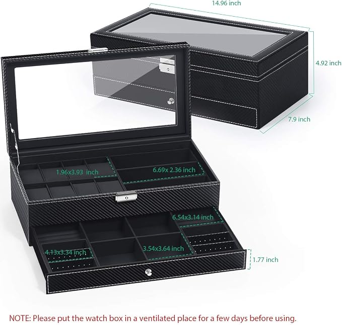TomCare Watch Box Watch Case Watch Holder Organizer Jewelry Case Drawer Sunglasses Display Box Storage Earrings Storage Organizer Lockable with Glass Top and PU Leather for Men Women (All Black) - Image 2