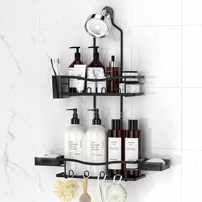 REINHARDT Shower Caddy Hanging, Rustproof Shower Caddy Anti-Swing Shower Organizer Over Showerhead No Drilling Shower Racks with Soap Holder Multi Hooks Bathroom Storage for Shampoo Sponge, Black by REINHARDT