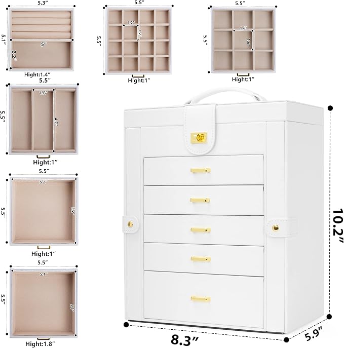 AKOZLIN Functional 6-Tier Jewelry Box Organizer with 5 Drawers Leather Jewelry Storage Case for Women Girls Ring Necklace Earring Bracelet Holder Organizer with Mirror White - Image 8