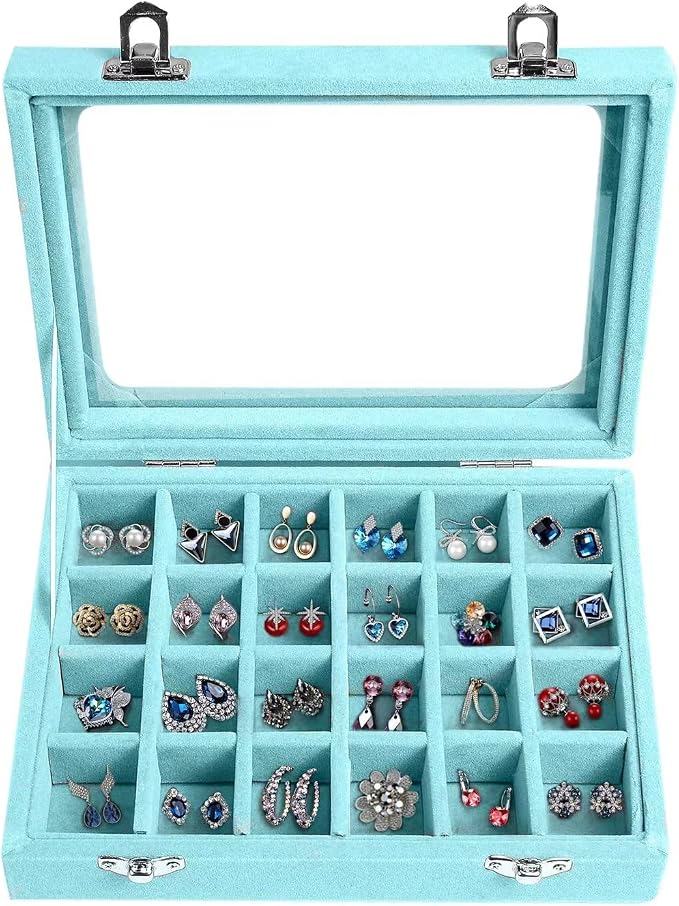 Velvet Jewelry Box 24 Grid Jewelry Earrings Display Organiser Box Ring Tray Holder Earrings Storage Case for Girls Women Wife Mom (Light blue) by EONGOA