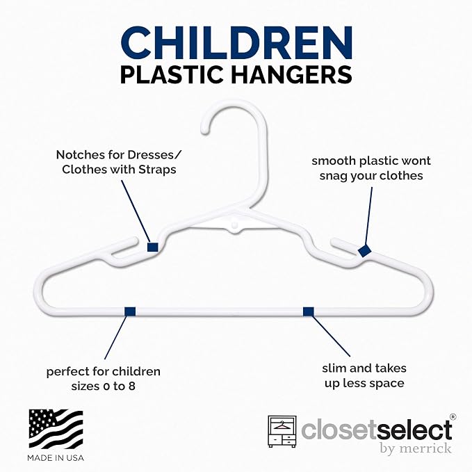 Closetselect Childrens Hangers 30 Pack - 11.75 Inch Plastic Kids Hangers for Closet, Baby Hangers for Children Clothes Sizes 0 to 8, Non-Slip Infant Hangers with Shoulder Grooves, Made in USA | White - Image 4