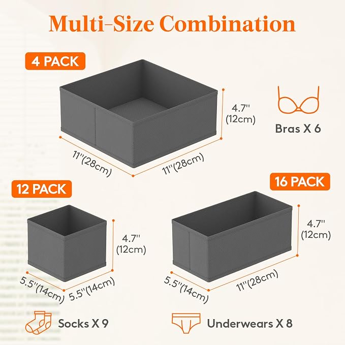 Lifewit Drawer Organizer Clothes for Closet 32 Pack, 3 Sizes Underwear Wardrobe Drawer Dividers, Fabric Foldable Dresser Storage Organizer Bins for Sock/Bra/Lingerie/Undies, Gray - Image 2