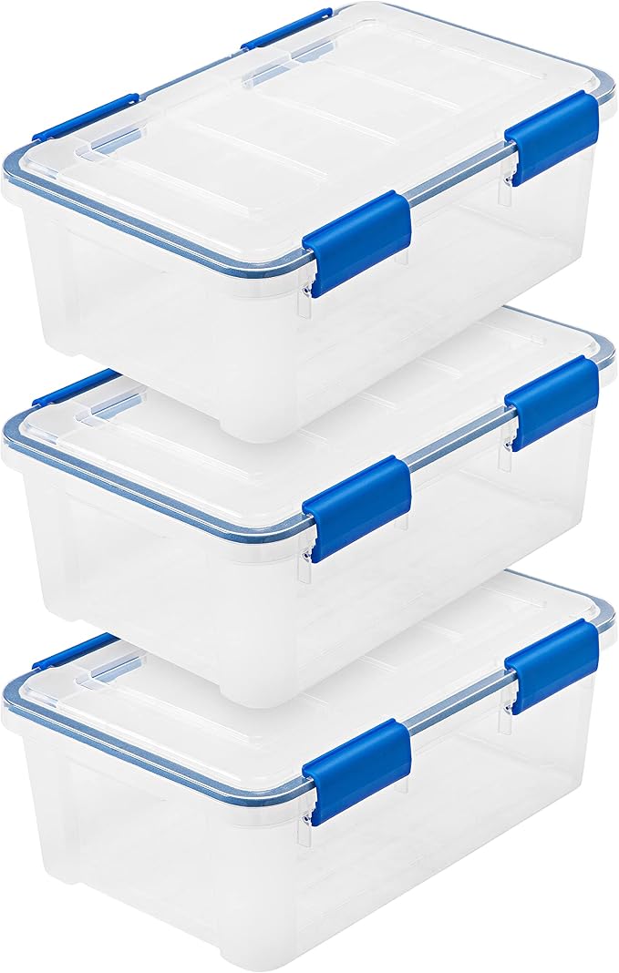 IRIS USA WeatherPro 16 Qt Storage Bins with Lids, 3 Pack, BPA-Free Plastic Gasket Box with Tight Latch and Seal, Stackable Nestable Tote Tub - Clear/Blue by IRISUSA