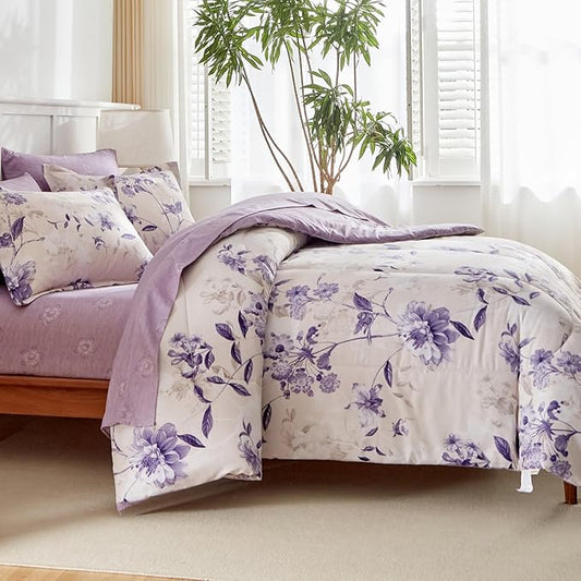 AIKASY 6-Piece Twin Size Bed in a Bag Comforter Set - Lilac Purple Floral Ensemble with Reversible Botanical Flowers Comforter, Sheets, Pillowcases & Shams