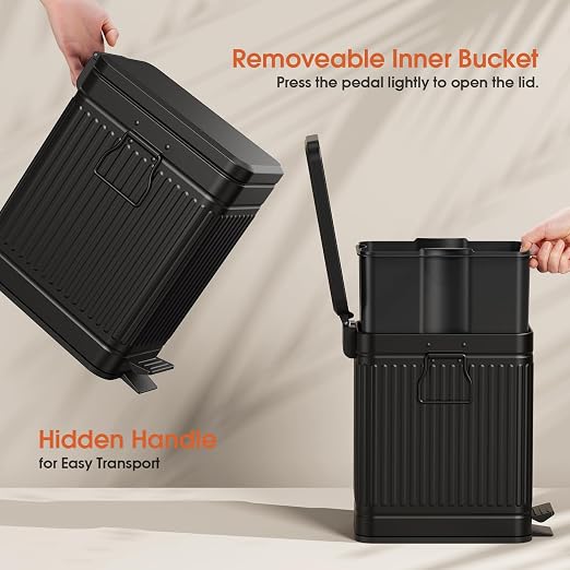 Small Bathroom Trash Can with Lid Soft Close, 6L / 1.6 Gallon Stainless Steel Small Garbage Can with Step Pedal, Slim Waste Basket for Bedroom, Toilet, Office - Black - Image 4