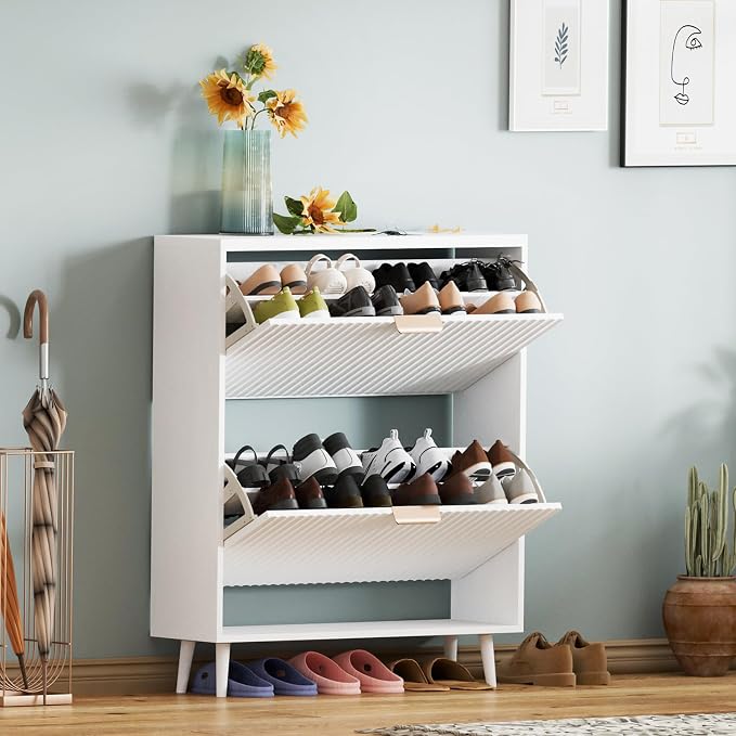 Shoe Cabinet Storage,Modern Freestanding Organizer with 2 Flip Drawers,Narrow Shoe Rack Cabinet for Entryway,White - Image 6