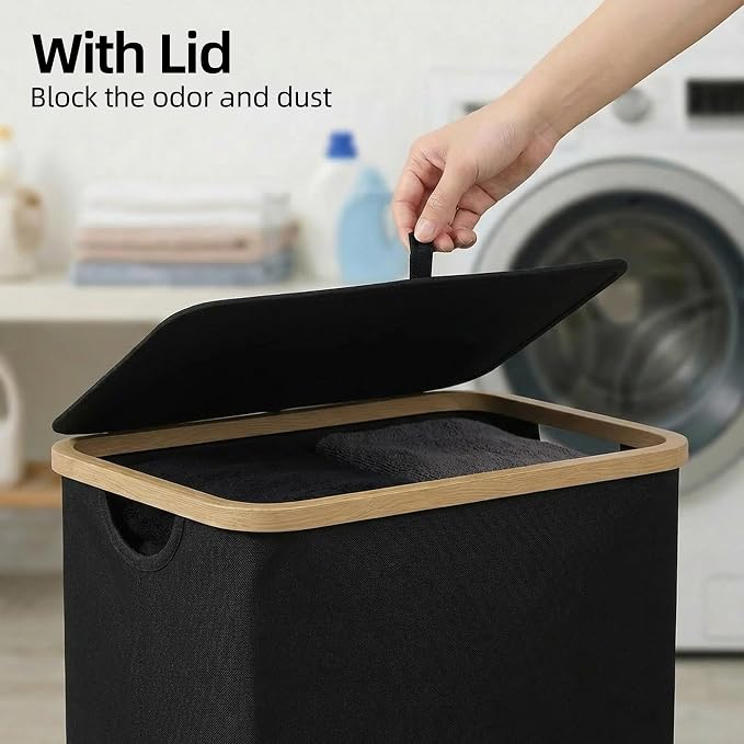 efluky Slim Laundry Basket with Lid, Narrow Laundry Hamper with Removable Bag, Skinny Dirty Clothes Basket with Bamboo Handles for Bathroom, Bedroom & Laundry Room, 75L Black - Image 5