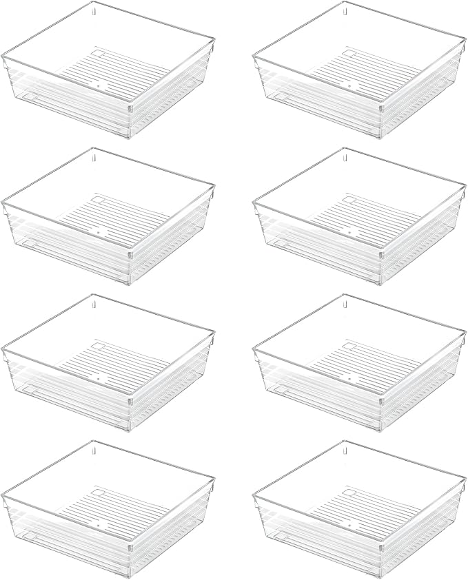 Backerysupply Clear Plastic Drawer Organizer Tray for Vanity Cabinet (6"×6"×2"，Set of 8),Storage Tray for Makeup, Kitchen Utensils, Jewelries, and Gadgets… by Backerysupply