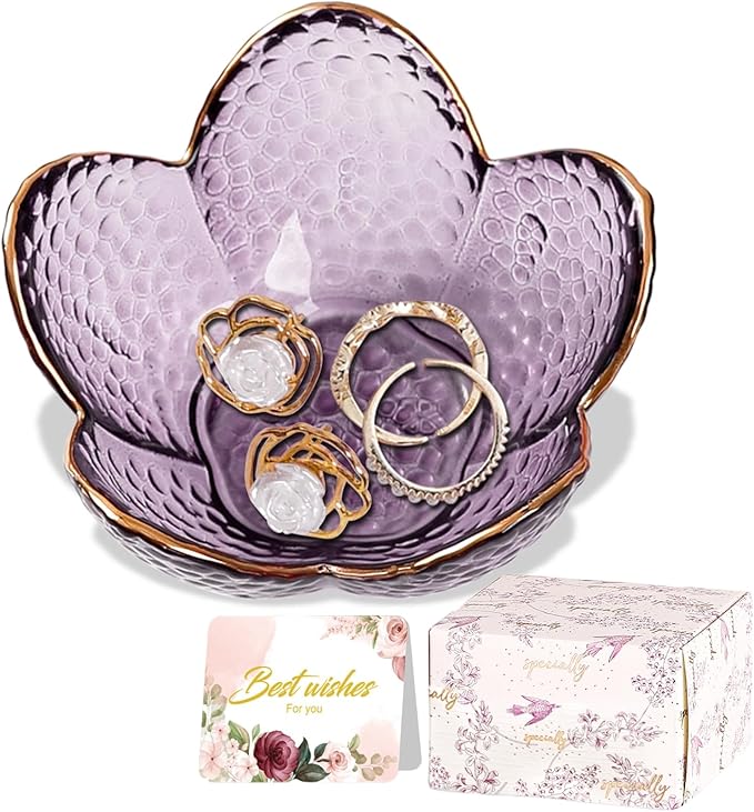 Purple Flower Jewelry Dish Glass Ring Holder Dish Jewelry Tray Cute Vanity Organizer Aesthetic Nightstand Bathroom Room Decor Trinket Dish Mothers Day Friendship Christmas Birthday Gifts for Women by WELOCMETOBINOSTER