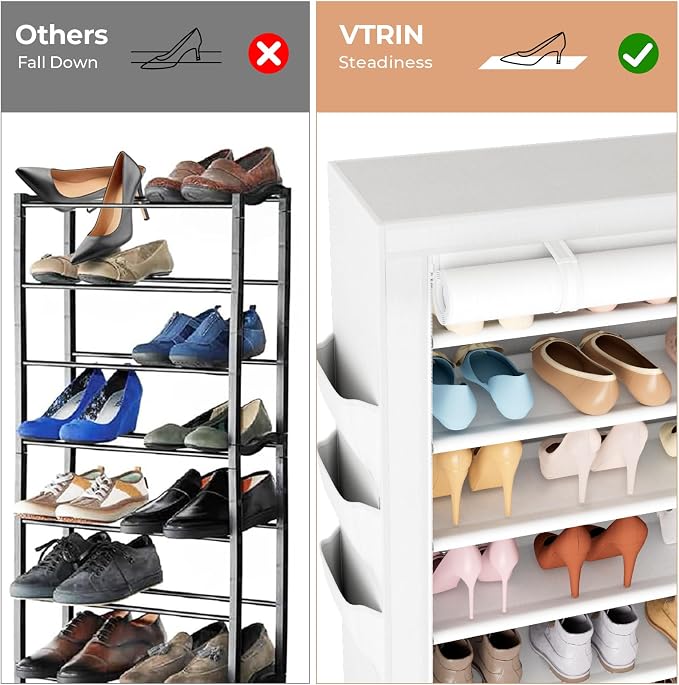 VTRIN Vertical Narrow Shoe Rack Organizer Tall Shoe Rack for Closet Entryway 10 Tier Non-Woven Cover Shoe Shelf Holds 36-41 Pairs Free Standing Shoe Storage Cabinet with Dustproof Cover, White - Image 6