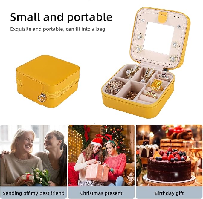 KElofoN Travel jewelry case Travel jewelry box Travel Jewelry Organizer Small Jewelry Organizer Box Gift for Girls Women with Mirror (Yellow) - Image 5