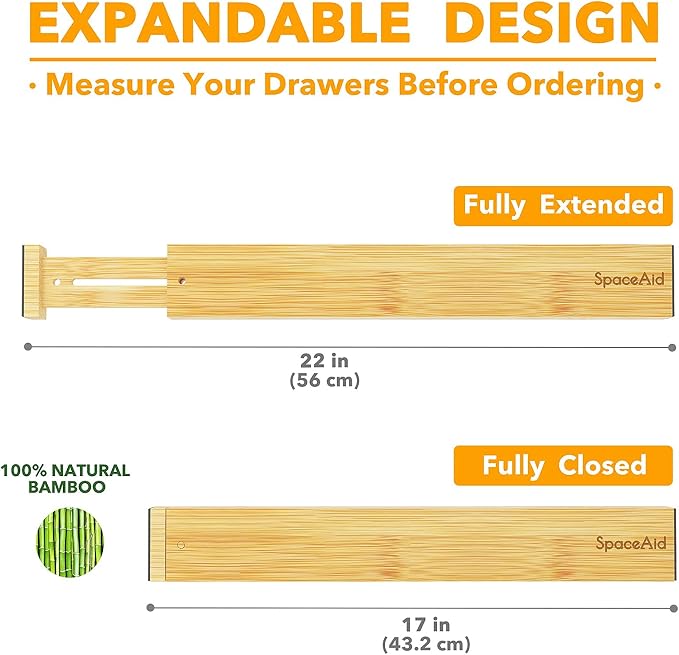 SpaceAid Bamboo Drawer Dividers with Labels, Kitchen Adjustable Drawer Organizers, Expandable Organization for Home, Office, Dressers and Bathroom, 6 Dividers (17-22 in) (Pack of 2) - Image 5