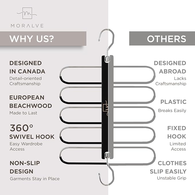 MORALVE Pants Hangers Space Saving - European Beechwood Scarf and Jean Hangers - Closet Organizer and Space Saver Pant Rack, Leggings Hanger, and Scarf Holder with 360° Swivel Hook (1 Pack) - Image 5