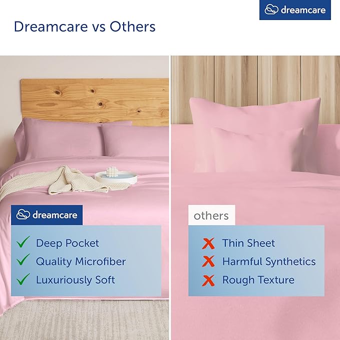 DREAMCARE King Size Sheets Set - Cooling Bed Sheets - 4pcs Set - up to 15" Deep Pocket King Sheet Set – Soft & Long Lasting Cooling - 100% Fine Brushed Polyester with Side Pocket, Pink