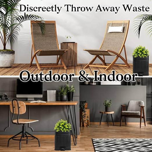 Tegneo Small Trash Can with Lid, Plant-Styled Outdoor Dog Poop Trash Can Outside, Farmhouse Retro Metal Garbage Can for Bathroom Office, Dog Waste Container with Pedal, Soft Close, 5L/1.3 Gal, Black - Image 7