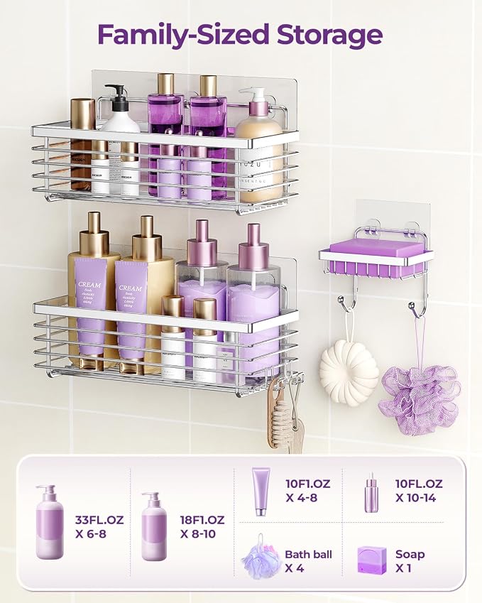 ODesign Shower Caddy 3 Pack SUS304 Stainless Steel-No Drilling-Shower Bathroom Shelves Rack,Rustproof Wall Mounted,Adhesive Shower Shelf Basket Organizer-Silver - Image 5