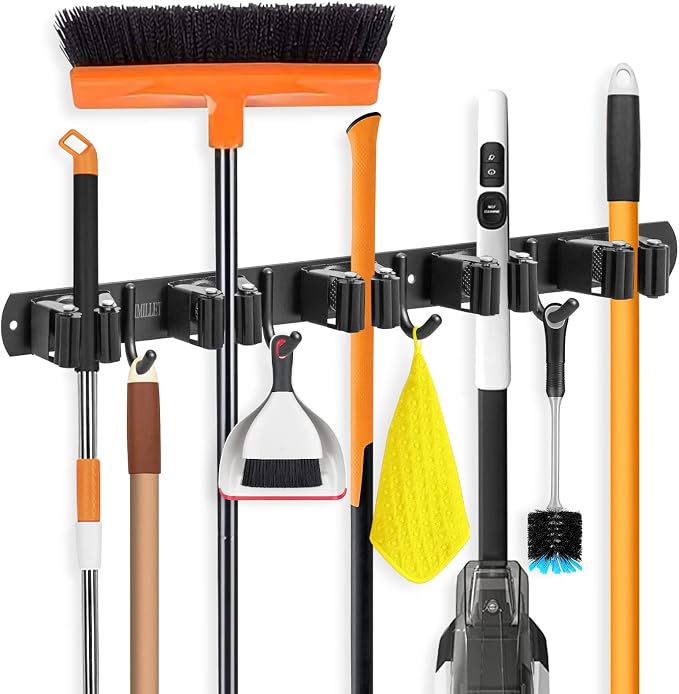 IMILLET Broom Holder Wall Mount, Broom Holder Stainless Steel Heavy Duty Garage Organization Broom Organizer Wall Mount Self Adhesive Laundry Room Organization and Storage（5 Racks and 4 Hooks） by IMILLET