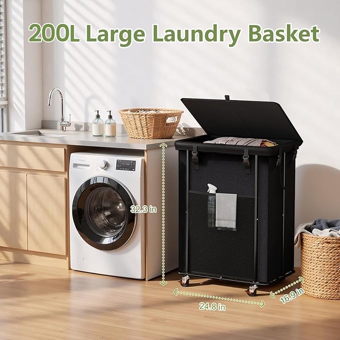 220L Laundry Hamper with Lid, Rolling Laundry Basket with Wheels, Large & Tall Dirty Clothes Hamper with Metal Frame and Removable Bag for Bedroom Aesthetic, Laundry Room, Bathroom, Dorm - Image 2