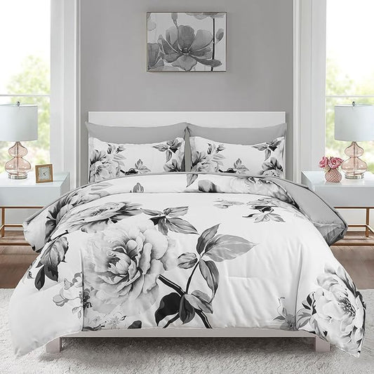 Drucon Grey Floral Comforter Set King 7 Pieces Bed in a Bag Botanical Floral Comforter Soft Microfiber Grey Bedding Set King Size Bed with Sheet and Pillowcase