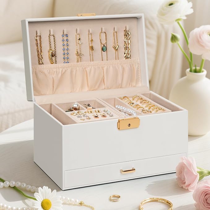 AKOZLIN Travel Jewelry Box Organizer Functional 2-trays Leather Jewelry Storage Case with Lockable Portable Drawer for Women Girls Ring Necklace Earring Bracelet - Image 5