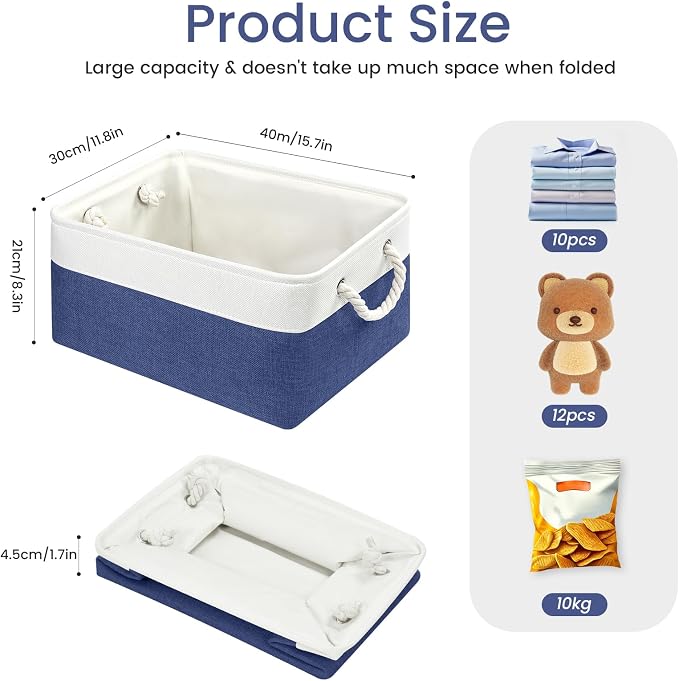 Large Storage Baskets- 15.7x11.8x8.26 inch Storage Bins for Shelves and Closet Organizing, Foldable Fabric Bin for Home Organization Clothes and Laundry (1-Pack, White&Blue) - Image 5