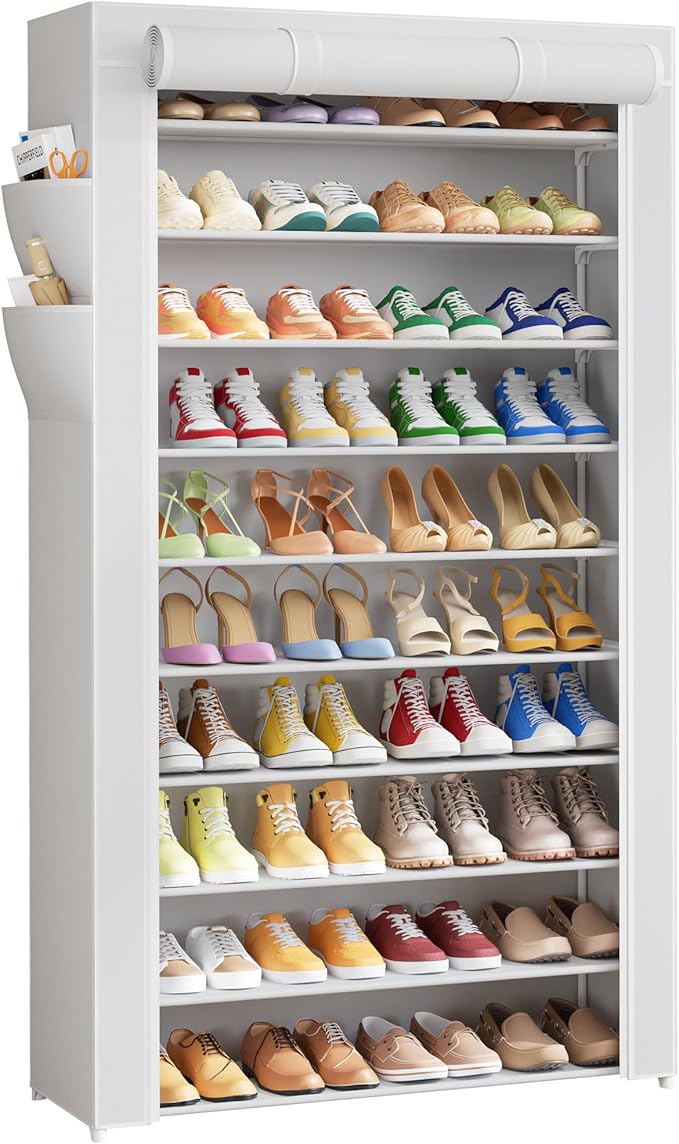 Kitsure Shoe Rack - 10-Tier Shoe Organizer with Zippered Dust Cover & Side Pockets, Easy to Assemble, Space Saving Shoe Rack for Closet, Entryway, Living Room, 33" x 12.4" x 69.3", White by Kitsure
