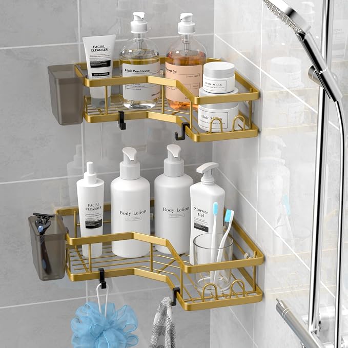 AKTECKE Corner Shower Caddy Organizer Shelf: 2Pack Adhesive Shower Rack, No Drilling Stainless Steel Shower Storage Shelves for Bathroom Kitchen (Gold) - Image 2