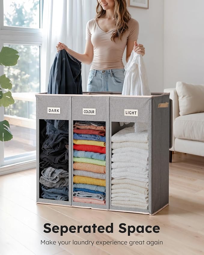 SOLEDI 200L 3-Section Laundry Hamper with Lid, Extra Large Dirty Clothes Basket with Sturdy Handles for Laundry Room & Bedroom - Durable Organizer for Sorting Laundry - Image 4