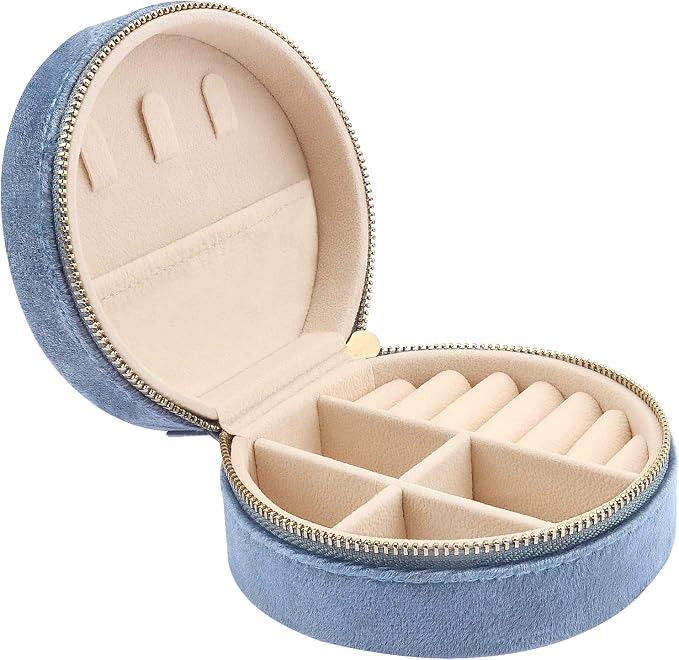 DesignSter Travel Jewelry Box - Velvet Mini Jewelry Organizer, Small Jewelry Case for Girls Women, Jewelry Storage Box for Rings Earrings Necklace (Circular, Blue Fog) by DesignSter