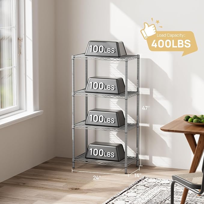SINGAYE 4 Shelves Adjustable Storage Shelf Wire Shelving Rack Bathroom Standing Units Laundry Room Organization for Kitchen Office Bathroom Organizers Metal Pantry 14" D x 24" W x 48" H Gray - Image 6
