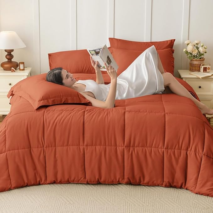 JOLLYVOGUE Twin Comforter Set, Ultra-Soft Bed in a Bag Twin Size 5 Pieces, Oeko-TEX Certified Bedding Set with Down Alternative Comforter, Sheets, Pillowcases & Shams. Burnt Orange