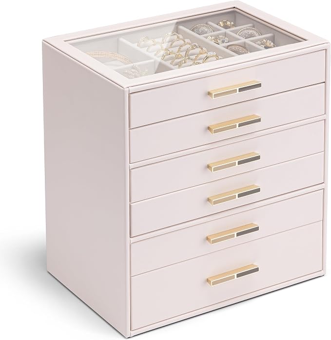VLANDO 6 Layer Jewelry Box for Women, Glass Lid Jewelry Organizer with 6 Drawers for Necklaces Rings Earrings Bracelets - Light Pink by VLANDO