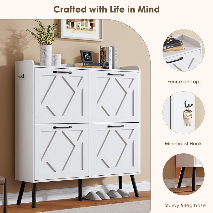 Nicetree Shoe Cabinet with 4 Flip Drawers, Freestanding Shoe Organizer Cabinet with Metal Legs, Farmhouse Slim Shoe Rack Cabinet for Entryway, Foyer, Hallway, White - Image 6