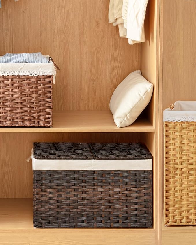 SETVSON Storage Basket with Lid Rattan Storage Basket with 2 Separate Lid, 27.8 Gallon (105 L) 25.2 * 15.4 * 16.1 Inches Woven Wicker Baskets with 2 Liners and Handles for Bedroom Laundry-Brown - Image 7