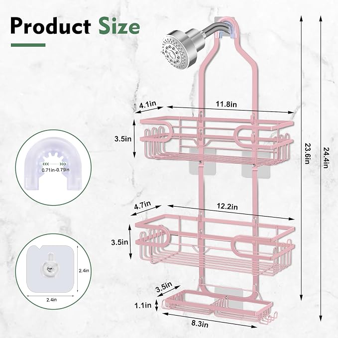 Shower Caddy Hanging, Over Head Shower Caddy Shower Storage Rack Basket with Hooks for Razor and Sponge Rustproof, No Drilling, Accessories for Bathroom and Kitchen, pink - Image 2